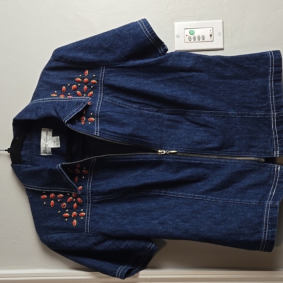 Denim Short Sleeve Top with Embroidered Accents - Picture 1 of 13